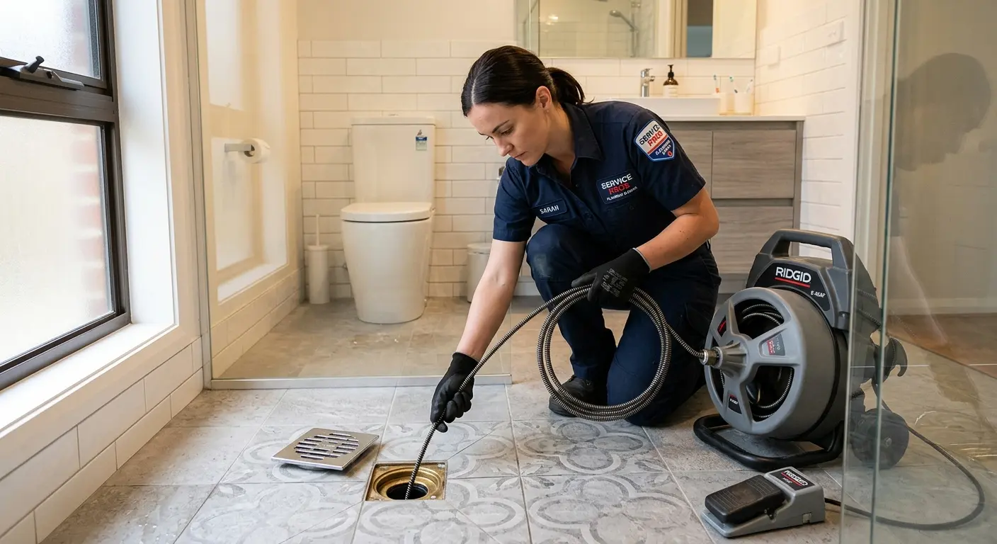 Technician clearing a bathroom floor drain for Sewer Line Replacement in Norway